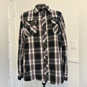 Women’s black, Purple and White Plaid Button Up Shirt, size XL